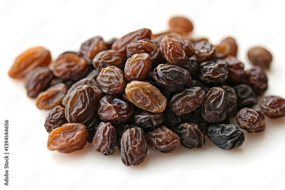 Close Up Pile of Plump Brown Raisins, Naturally Sweet Dried Fruit on White Background Close Up Pile of Plump Brown Raisins, Naturally Sweet Dried Fruit on White Background