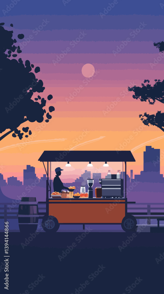 Fototapeta premium Evening City Park Food Stall with Mobile Coffee and Drink Cart in Minimalist Vector