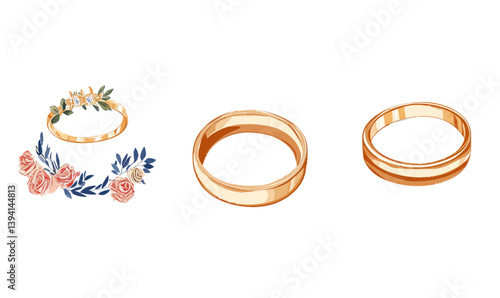 Minimalist Wedding and Engagement Ring Vector Set with Floral Elements