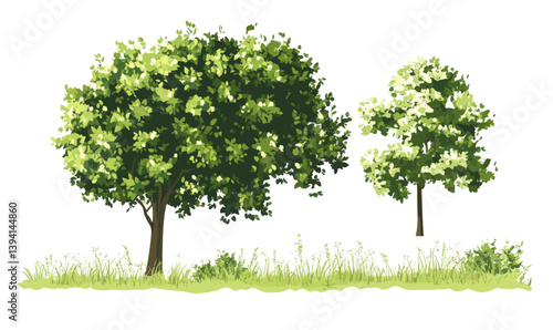Lush Green Wild Grass and Blooming Shrubs Vector for Landscape Design Concepts