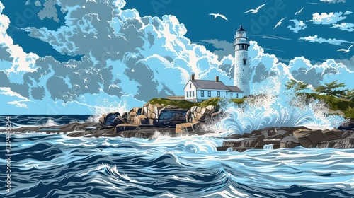 A vibrant lighthouse scene with crashing waves and dramatic clouds over a rocky coastline.