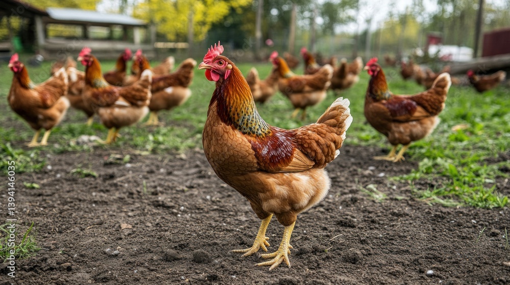 Fototapeta premium A chicken farm with free-range hens pecking at the ground, --ar 16:9 --v 6.1 Job ID: 04487ad6-f07e-469b-b7c3-4a4c252596bd