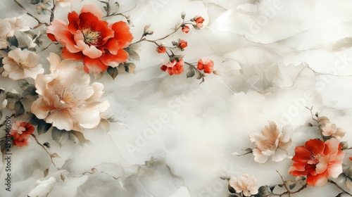 Elegant Floral Pattern with Red and White Flowers on Textured Background