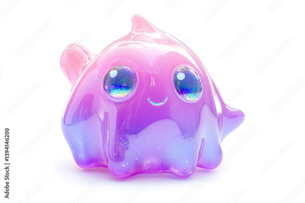 Naklejka premium A cute, iridescent blob character with big, sparkling eyes and a happy expression.