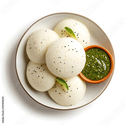 Soft and pillowy steamed idli with a smooth white surface light and airy texture inside, isolated white background, modern art style