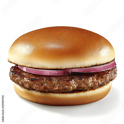 Tender and juicy grilled beef burger with a perfectly seared patty and a soft bun, isolated white background, hyperrealism art style