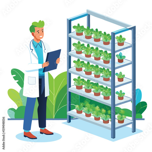 scientist-inspecting-vertical-farming-racks vector