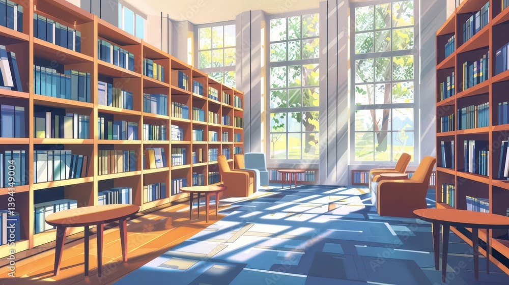 A serene library space with bookshelves, seating, and sunlight streaming through large windows. A serene library space with bookshelves, seating, and sunlight streaming through large windows.