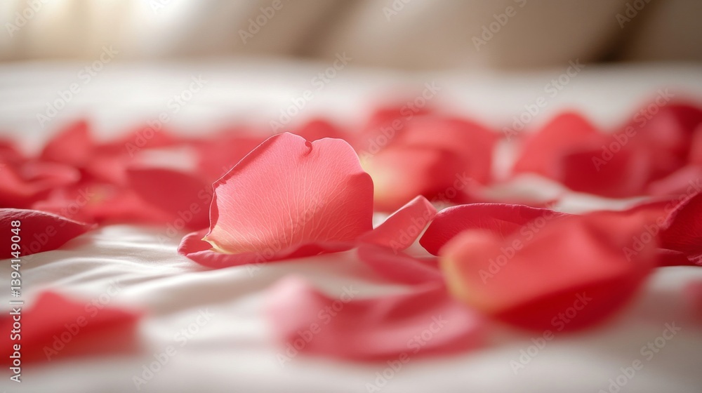 Close Up of Red Rose Petals Scattered on White Bedding Creating a Romantic Atmosphere Close Up of Red Rose Petals Scattered on White Bedding Creating a Romantic Atmosphere