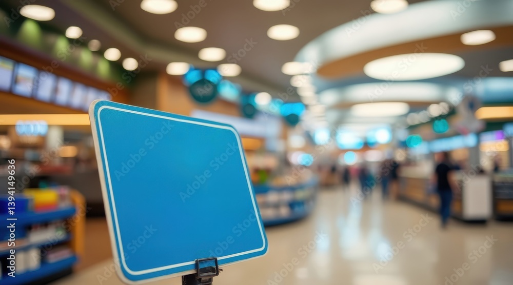 A blurred interior view of a modern shopping area, featuring a blue sign on a stand, with vibrant lights and various displays in the background. modern public dining hygiene standards A blurred interior view of a modern shopping area, featuring a blue sign on a stand, with vibrant lights and various displays in the background. modern public dining hygiene standards