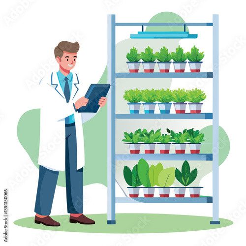 scientist-inspecting-vertical-farming-racks vector
