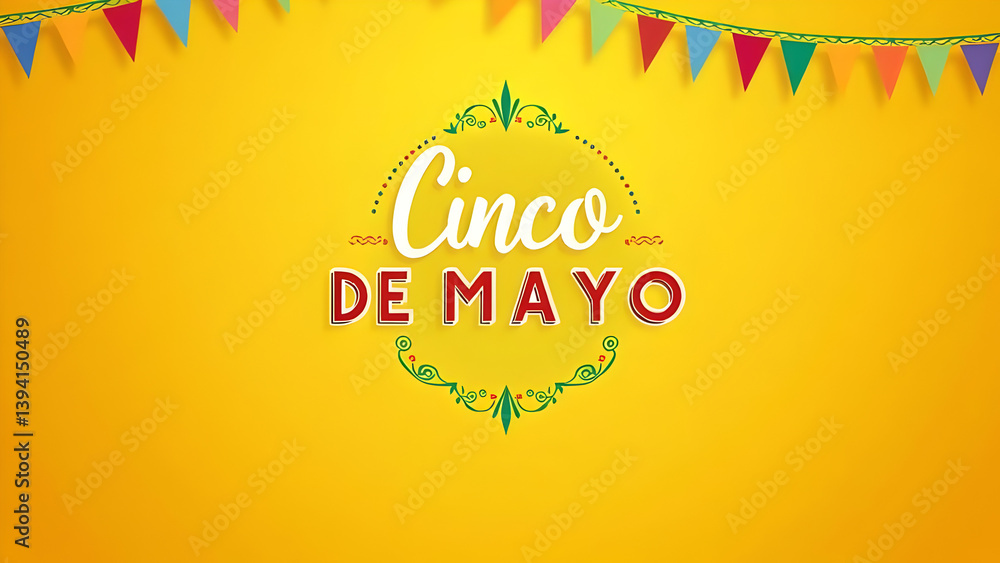 Fototapeta premium Colorful Cinco de Mayo Festival Background with Text, Traditional Mexican Decorations, Confetti, Papel Picado, Vibrant Design for Holiday Celebration, Poster, Flyer, Banner, or Invitation Use