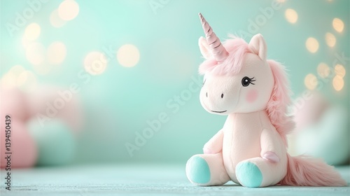 illustration of a magical unicorn plush toy on a pastel mint background, soft dreamy pastel