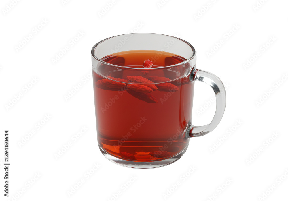 Clear glass mug filled with vibrant red tea and floating petals, isolated Clear glass mug filled with vibrant red tea and floating petals, isolated