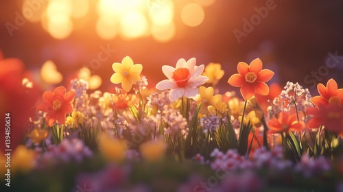 Field of Yellow Orange and White Daffodils in Sunlight with Blurred Bokeh Background