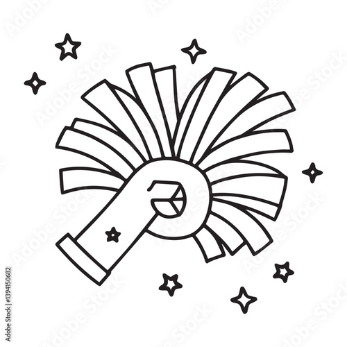 On a white background illustrate a black and white coloring book line art of a simple (cheerleader pom-poms with stars), on a simple white background 