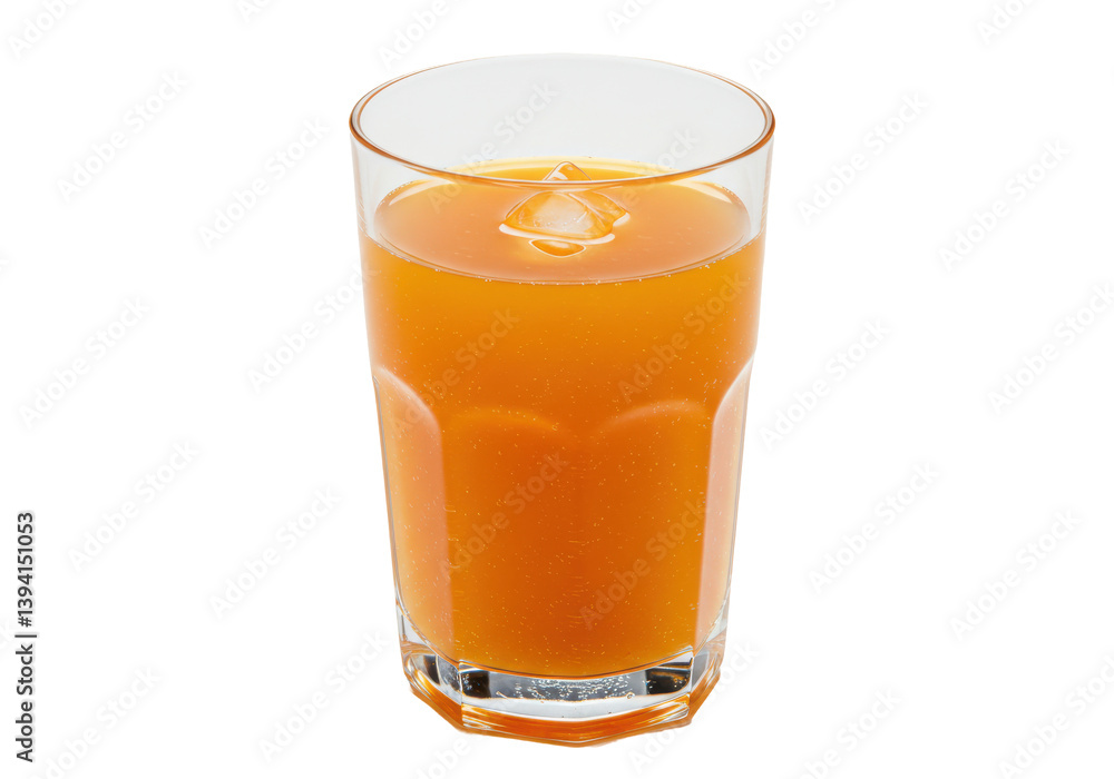 Refreshing orange drink in a glass with ice, set against a clean background Refreshing orange drink in a glass with ice, set against a clean background