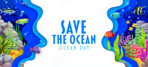 Oceans day paper cut banner with tropical fishes and underwater landscape. Sea and ocean world day papercut background, underwater life backdrop or banner with fishes and bottom seaweeds plants