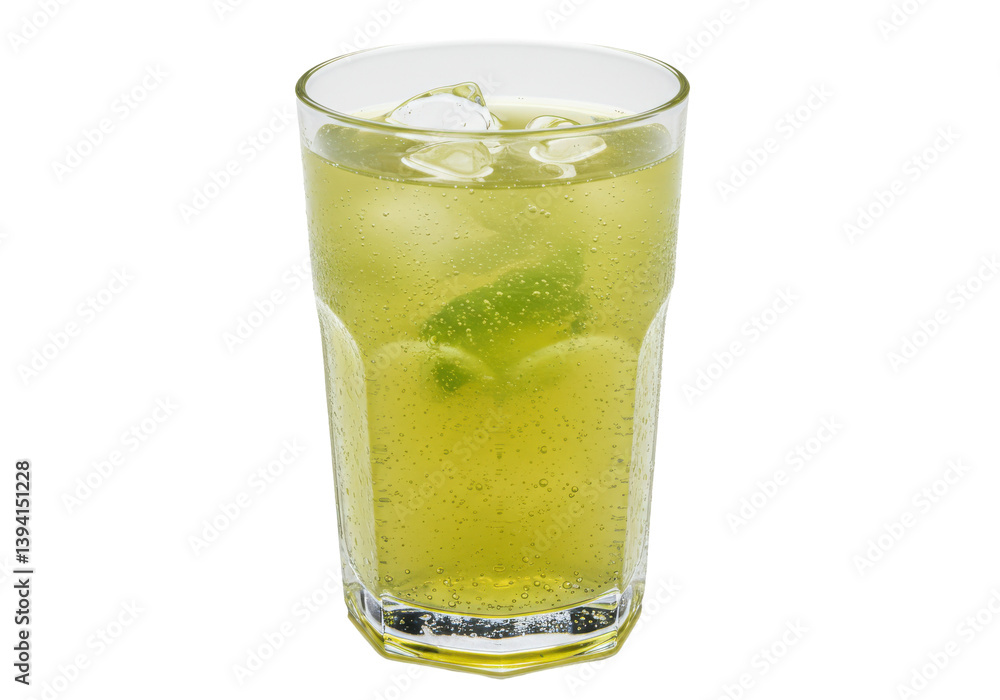 Refreshing green beverage with ice cubes in a clear glass, isolated on white background Refreshing green beverage with ice cubes in a clear glass, isolated on white background