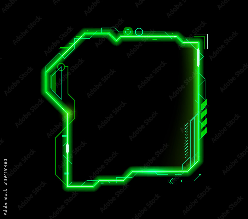 Neon green glowing game HUD frame asset, interface overlay template. 3d vector futuristic border with geometric digital high tech accents, cyberpunk sci fi heads up display, virtual callout title