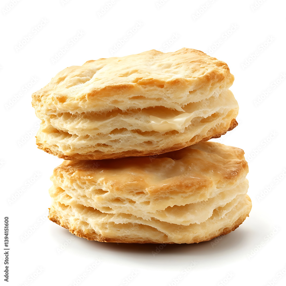 Fluffy and golden biscuits with a light, flaky texture and buttery layers, isolated white background Fluffy and golden biscuits with a light, flaky texture and buttery layers, isolated white background