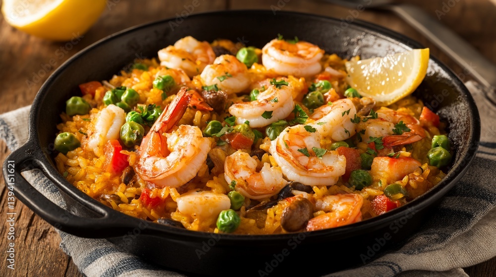 Shrimp and vegetable paella in a cast iron pan