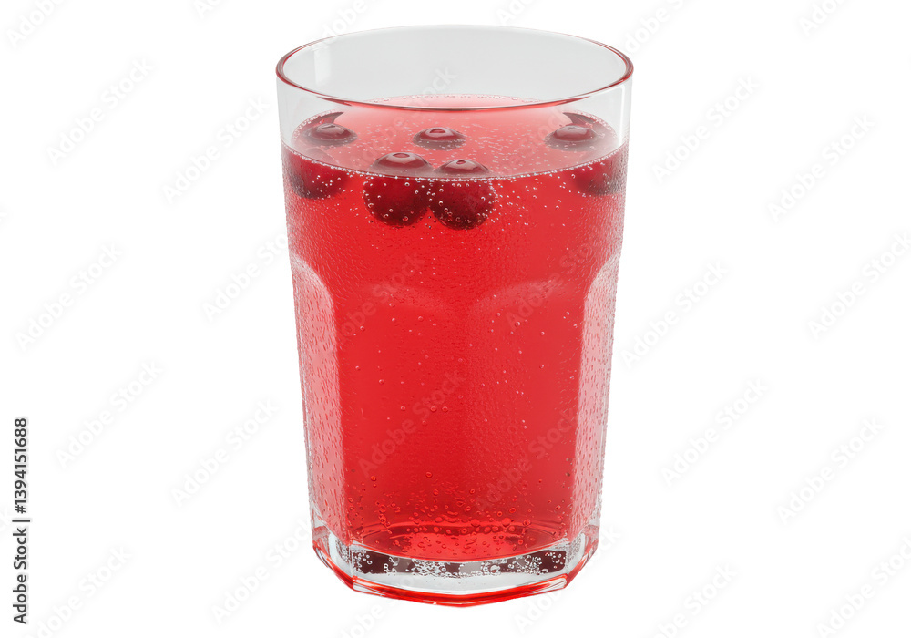 Refreshing red beverage with bubbles and berries in a clear glass on table Refreshing red beverage with bubbles and berries in a clear glass on table