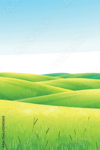 Watercolor vector landscape with rolling green fields and blue sky.