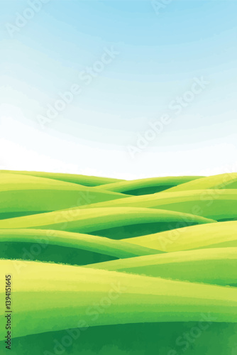 Watercolor vector landscape with rolling green fields and blue sky.