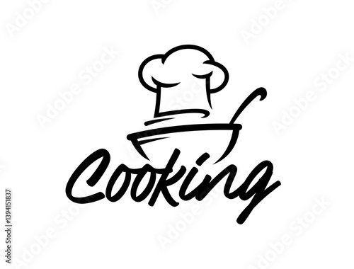 Chef cook icon. Vector black and white minimalist cooking label featuring a toque hat above a bowl with a ladle and elegant script, conveying a sense of passion for culinary arts and restaurant food