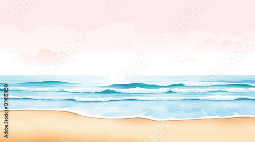 Watercolor vector beach with gentle waves and a pastel sky