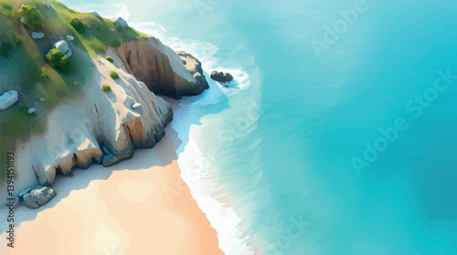 Watercolor vector coastline with turquoise water and sandy shore.