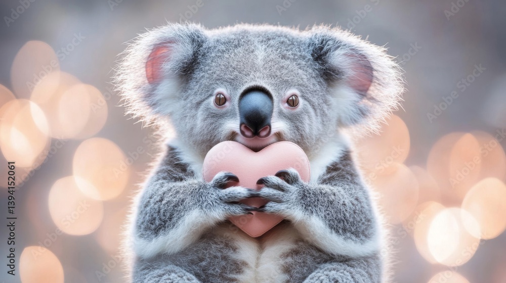 Fototapeta premium Adorable Gray Koala Holding Pink Heart Shape Plush Toy with Bokeh Background During Daytime