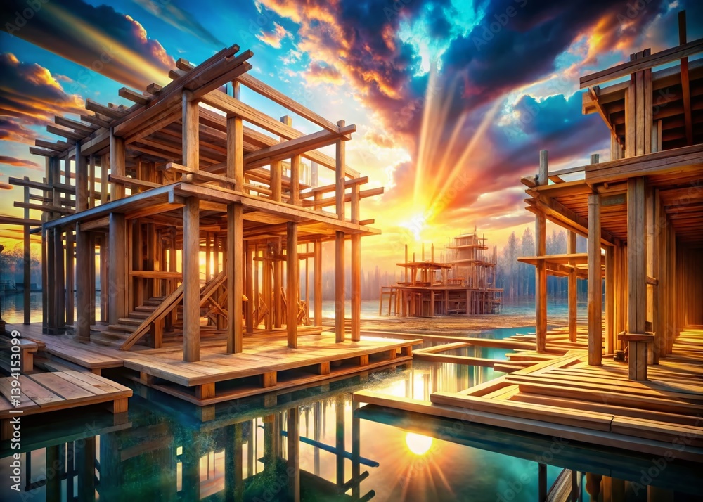 Fototapeta premium Ethereal Timber Structure Floating Beams and Surreal Light in a Wooden Building Under Construction