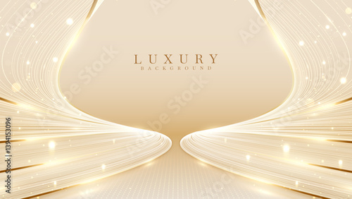 Elegant gold stage backdrop design decorated with glow and bokeh effect, background idea for awards ceremony and luxury style product promotion or marketing.