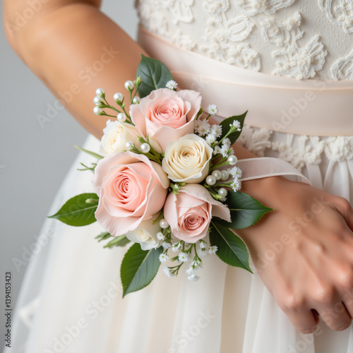 Konstfotografi Elegant wrist corsage with pink roses and greenery