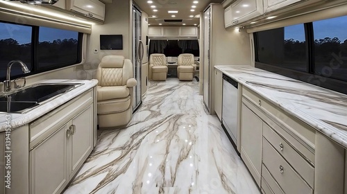 Luxurious motorhome interior.  Spacious, modern kitchen and living area with high-end finishes