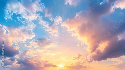 Fototapeta Naklejka Na Ścianę i Meble -  A breathtaking view of a vibrant sky with fluffy clouds illuminated by the golden light of sunset