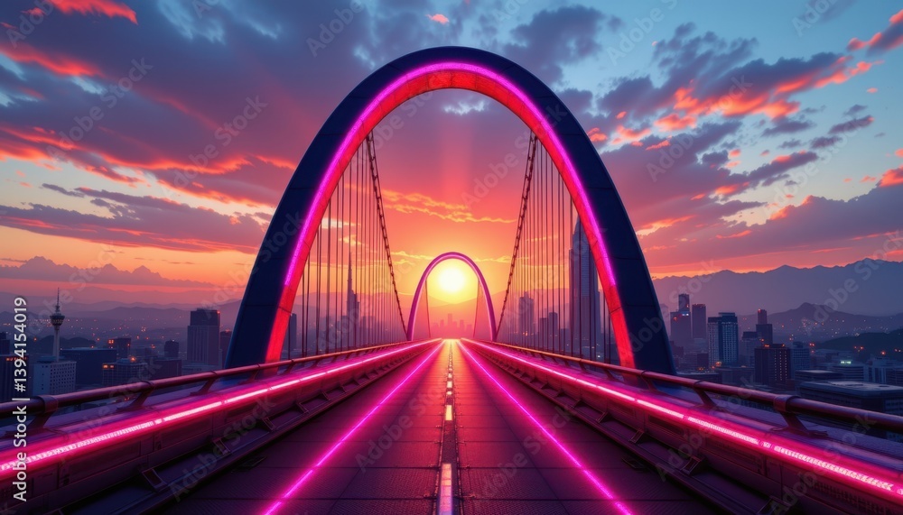 Obraz premium A neon lit bridge leading into a futuristic city with a vibrant sunset overhead.