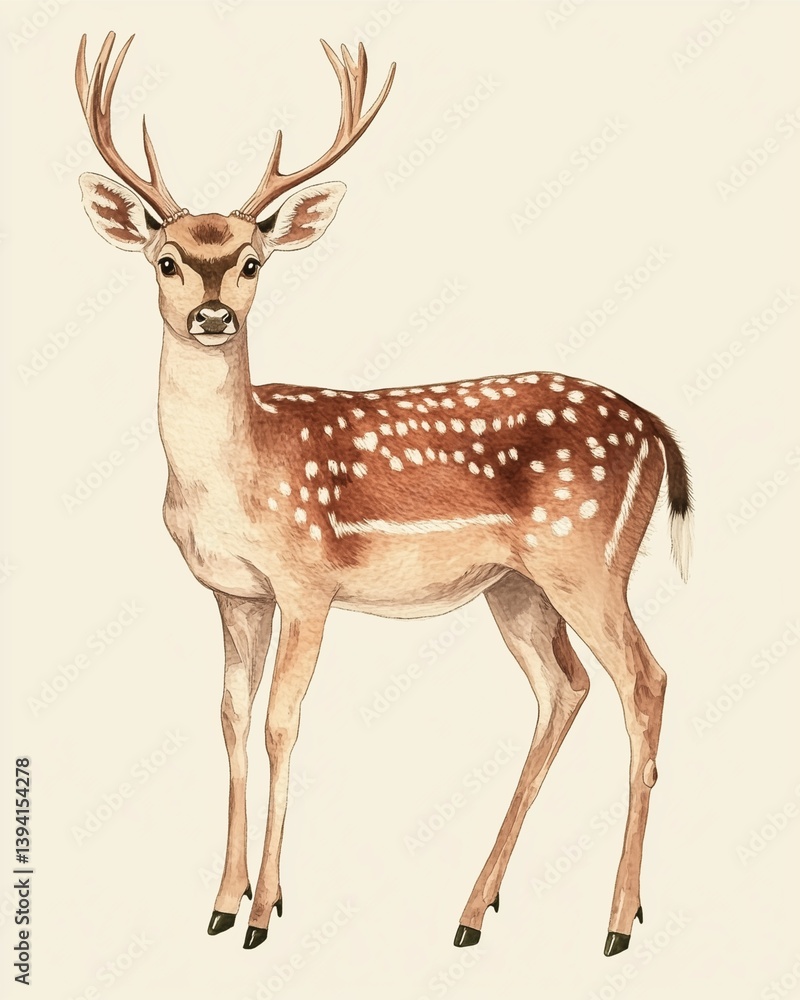Fototapeta premium isolated illustration of a deer standing gracefully on a pastel soft cream background, elegant and - 1