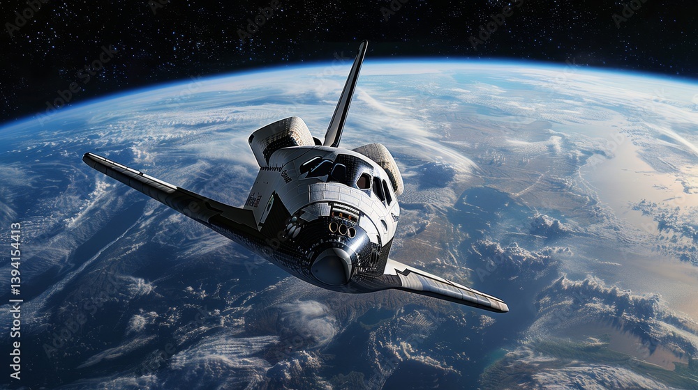 A stunning realistic depiction of a space shuttle orbiting earth amidst the vastness of space