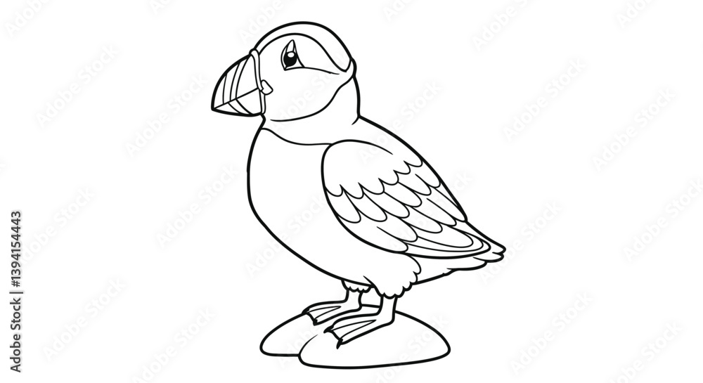 Fototapeta premium Cute Puffin Bird Outline Standing On Small Rock Showcasing Large Beak And Adorable Round Body Seabird Arctic Art