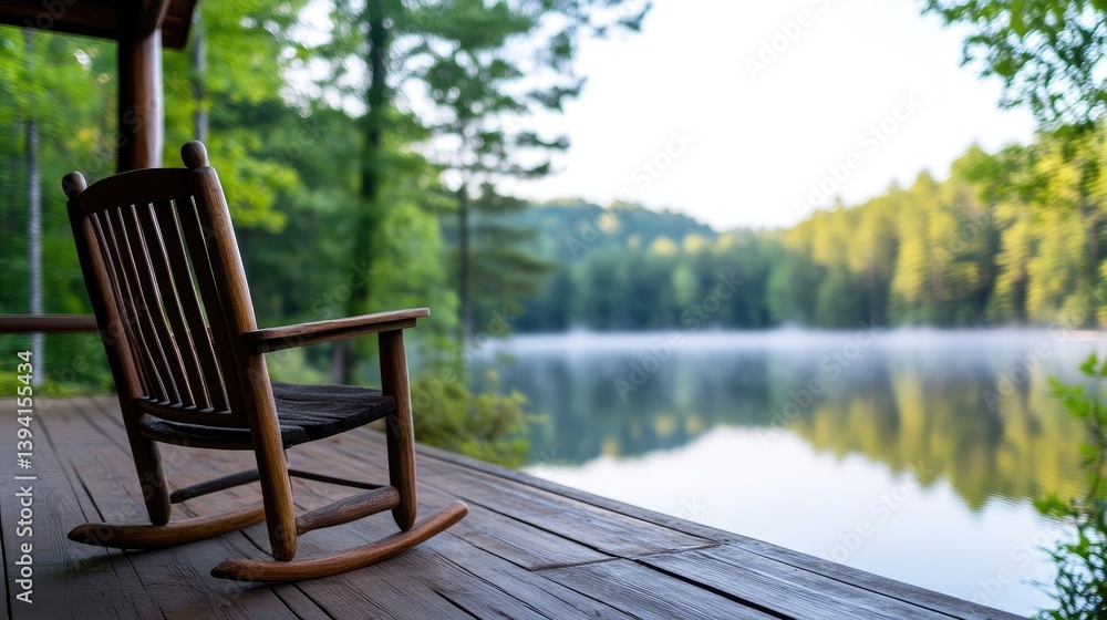 Fototapeta premium Tranquil morning on a porch overlooking a serene lake