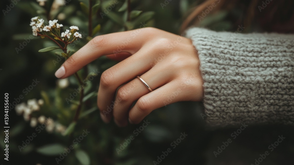 Elegant Woman Hand Adorned with a Ring Touching Delicate White Flowers Against a Soft Green Background Elegant Woman Hand Adorned with a Ring Touching Delicate White Flowers Against a Soft Green Background