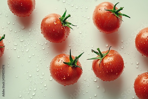 Fresh red tomatoes with water droplets, top-down view, food photography