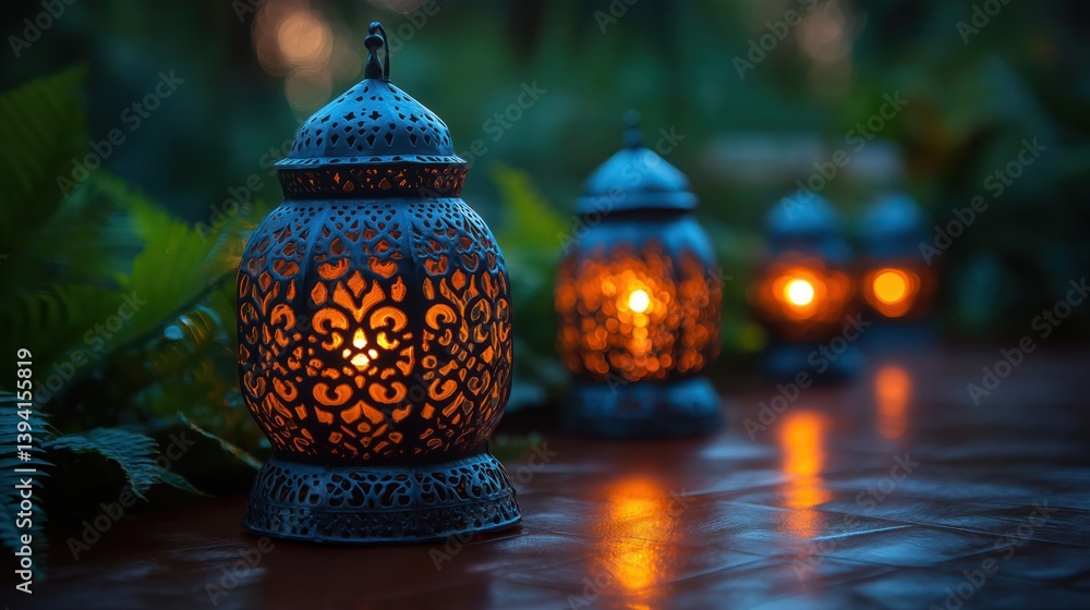 Elegant decorative Ramadan lanterns casting intricate light patterns on a dark surface for festive ambiance Elegant decorative Ramadan lanterns casting intricate light patterns on a dark surface for festive ambiance