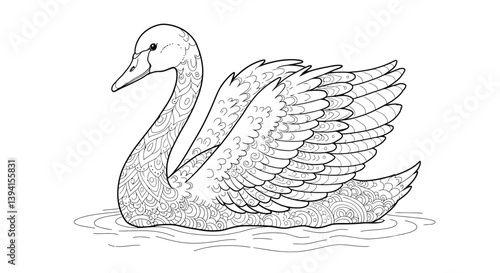 Graceful Swan Outline Gliding Smoothly On Water Surface With Its Long Neck Curved Elegantly Waterfowl Lake Drawing