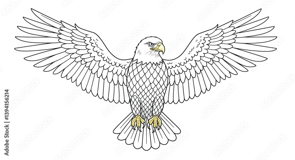 Obraz premium Majestic Bald Eagle Outline With Wings Slightly Spread Exhibiting A Strong Fierce Gaze Noble Bird Of Prey Drawing