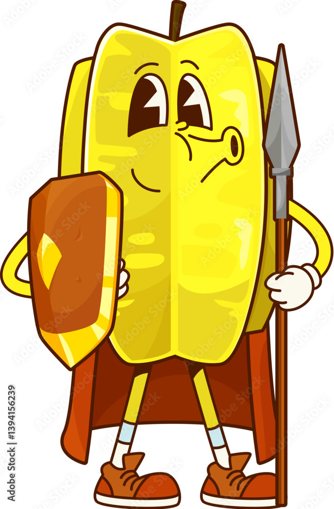 Naklejka premium Groovy superhero star fruit character, cartoon fairytale carambola knight with cape, shield and spear on guard of health. Vector tropical starfruit, healthy vitamin food, ancient soldier personage