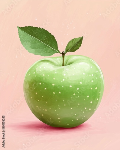 isolated illustration of a shiny green apple with a single leaf on a pastel blush background